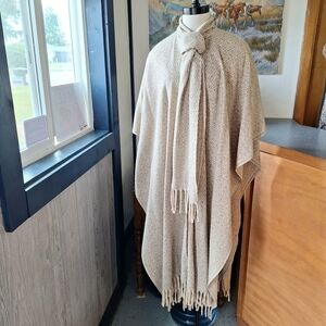 Vintage Handmade Wool Poncho with Attached Scarf and Fringe ,Size L/XL